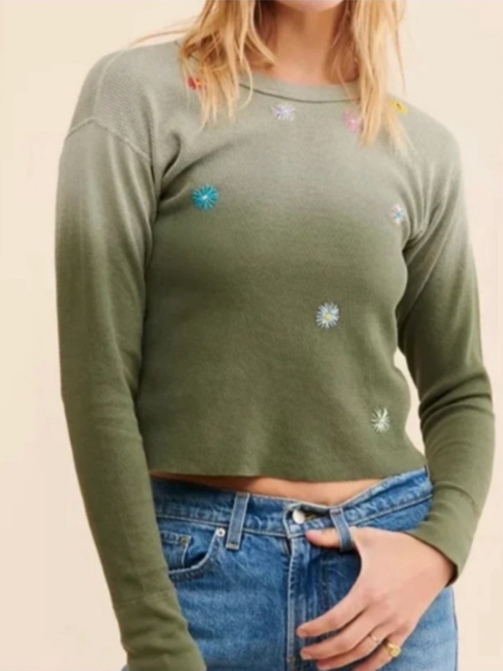 $165 Riley 1880 Vintage Thermal Dip Dye Shirt Raw Edge Hem Flower Embroidery S